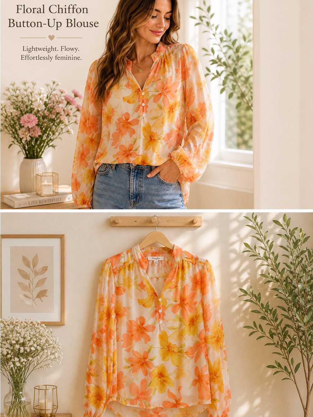 Sheer Floral Chiffon Blouse – Orange & Yellow Lightweight Top
